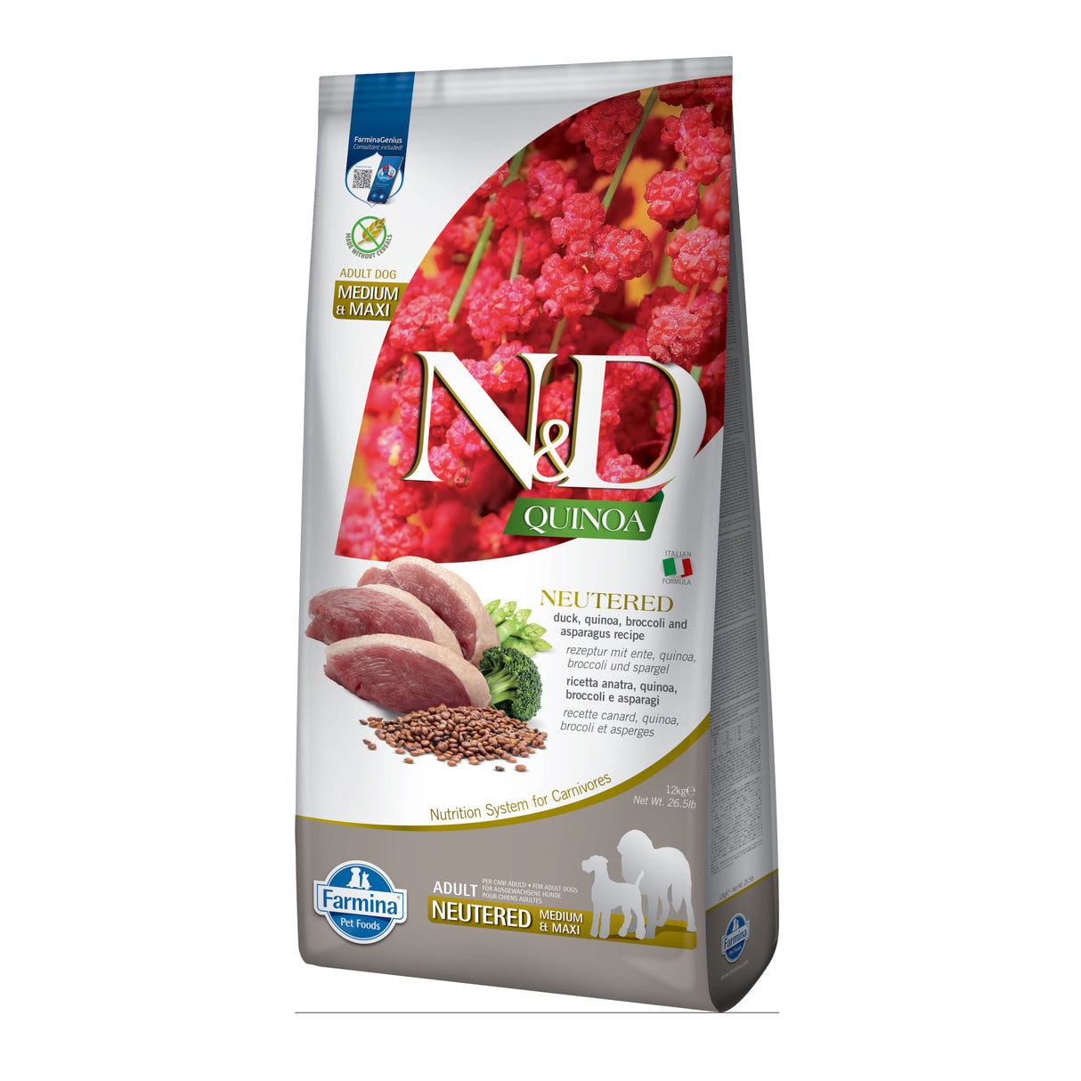 Farmina N&D Dog Quinoa Pato, Brocoli Y Esparragos Neutered Adult Medium Maxi