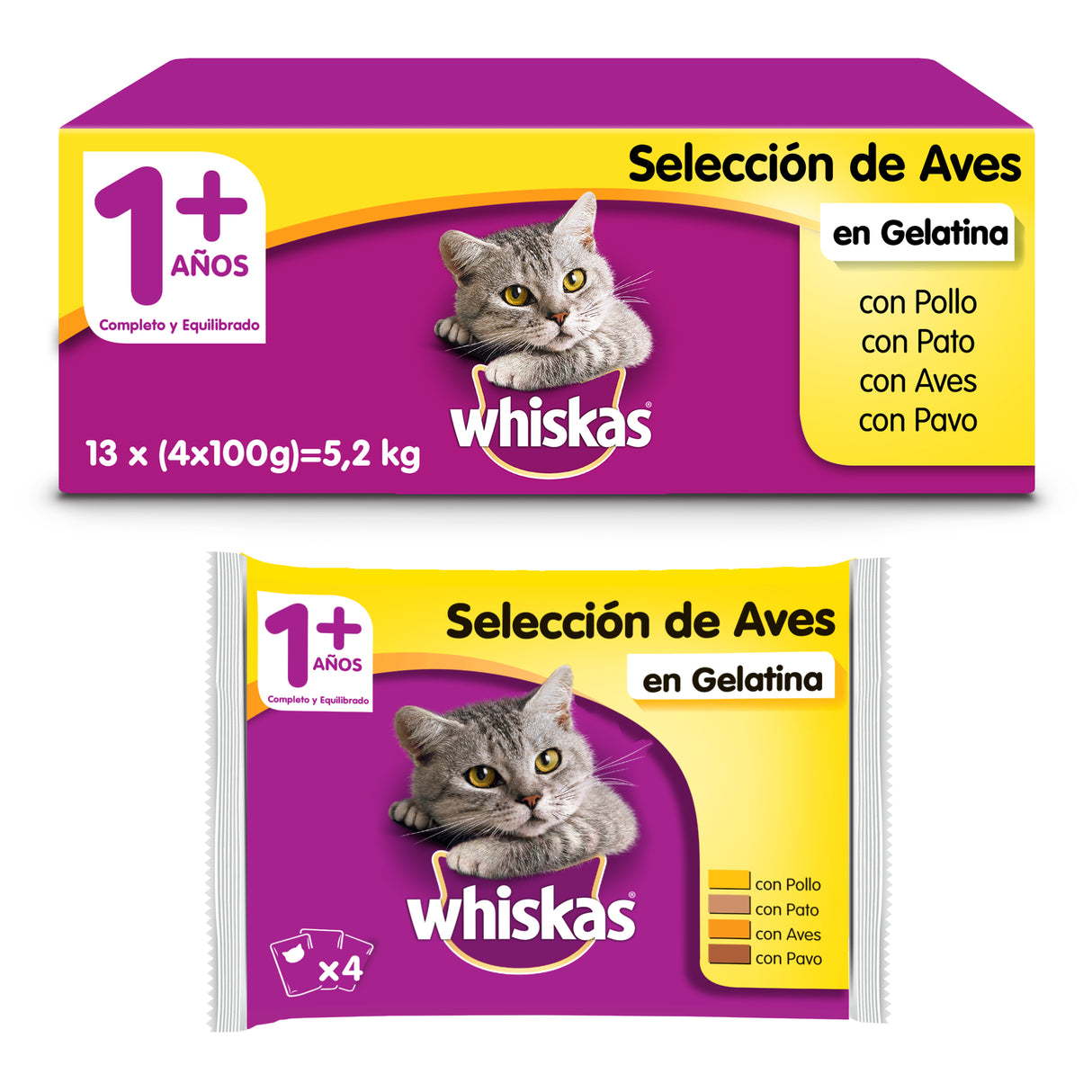 Whiskas Comida Húmeda para Gatos Adultos Selección Aves en Gelatina